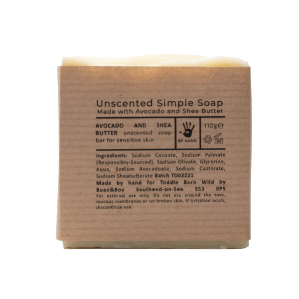 back label of Vegan Shea Butter & Avocado Soap by Toddle
